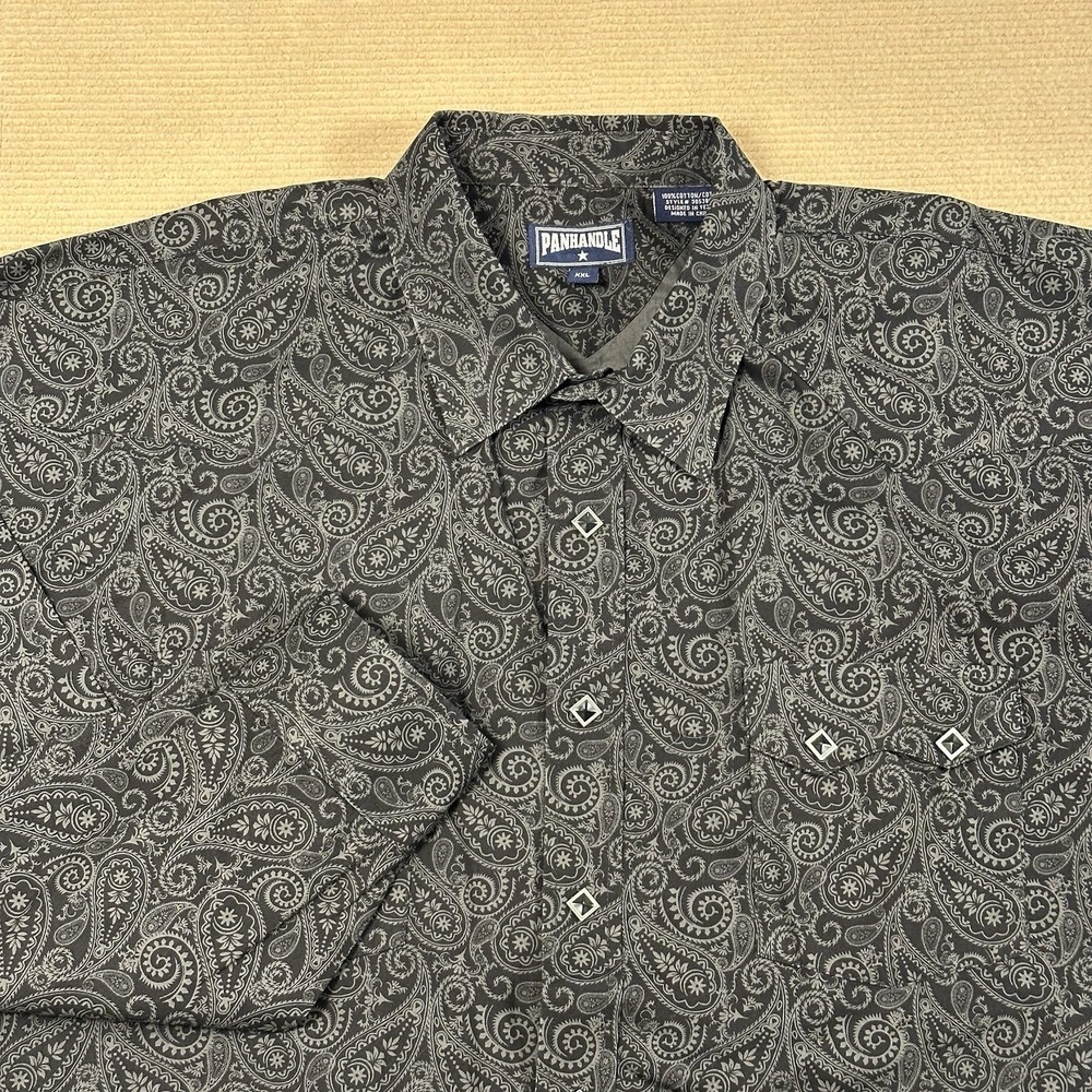 Panhandle Western Pearl Snap Shirt Mens 2XL Black Gray Paisley Diamond Snaps